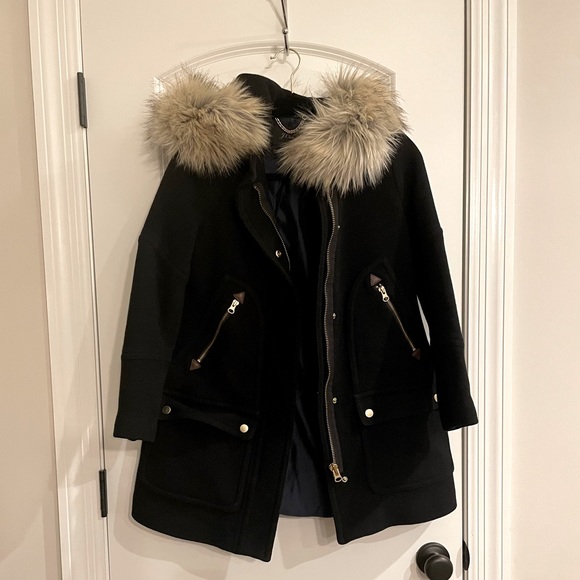 J. Crew Black Wool Winter Coat with Furry Hood - Size 2 - Picture 2 of 11